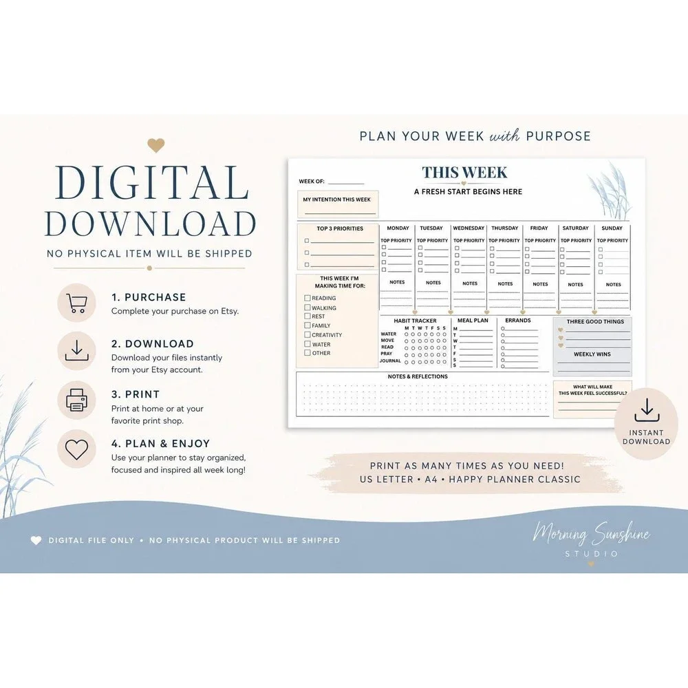 Weekly Planner Digital Download | Minimalist Productivity Schedule (Digital Down